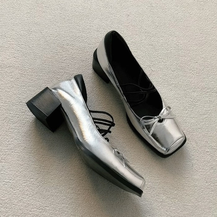 Damen elegante Ballerinas mit R&Brner Metalloberfläche und bequemem Blockabsatz R&B