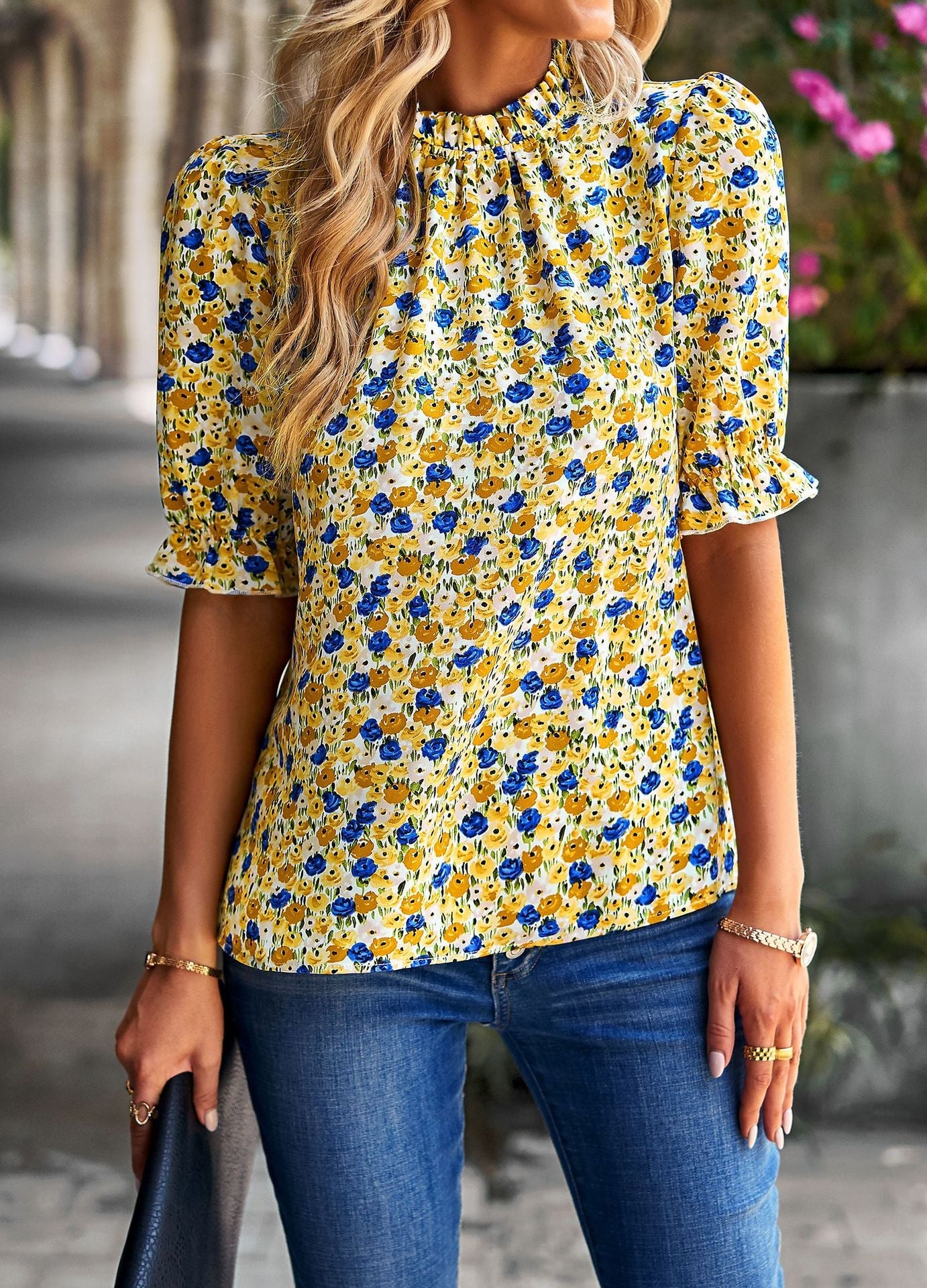 Damen Bluse mit floralem Muster und modernen Puffärmeln R&B