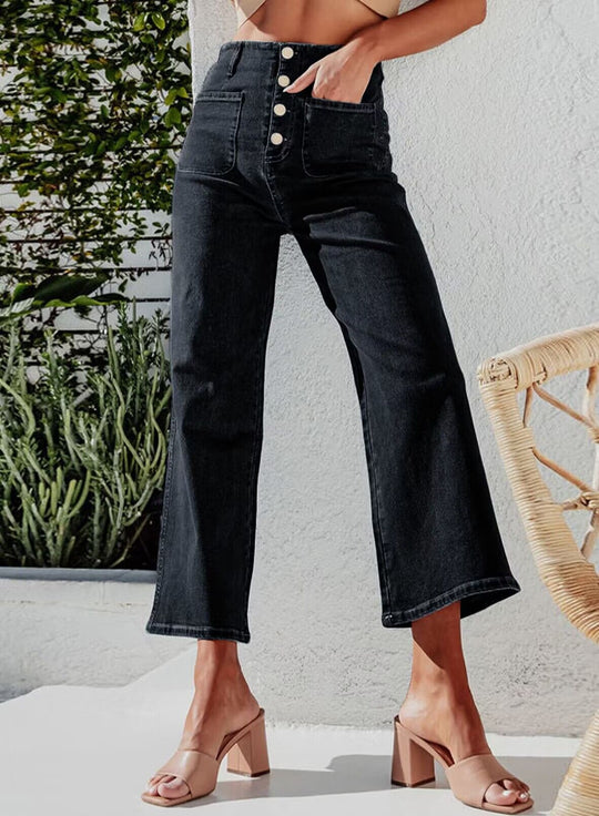 Damen High-Waist Jeans mit Knopfdetail und weitem Bein R&B