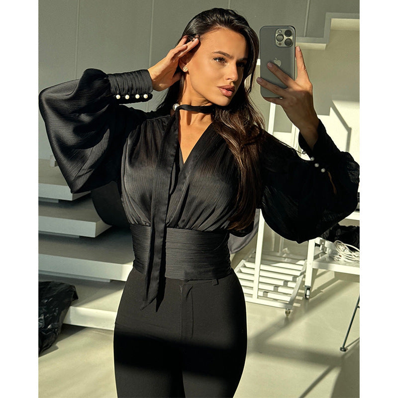 Damen elegantes Blusenoberteil mit weiten Ärmeln und Bindegürtel R&B