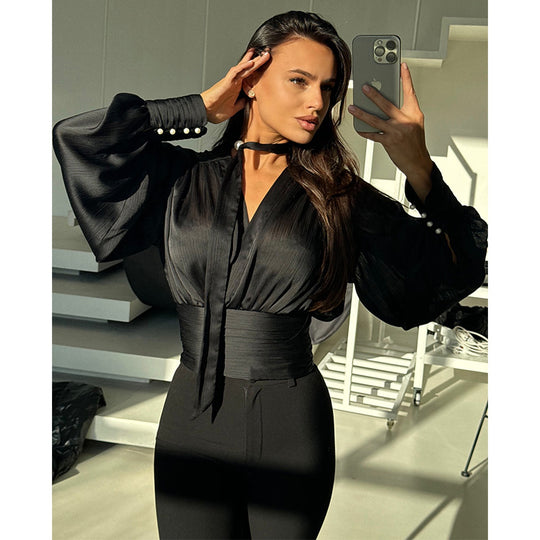 Damen elegantes Blusenoberteil mit weiten Ärmeln und Bindegürtel R&B