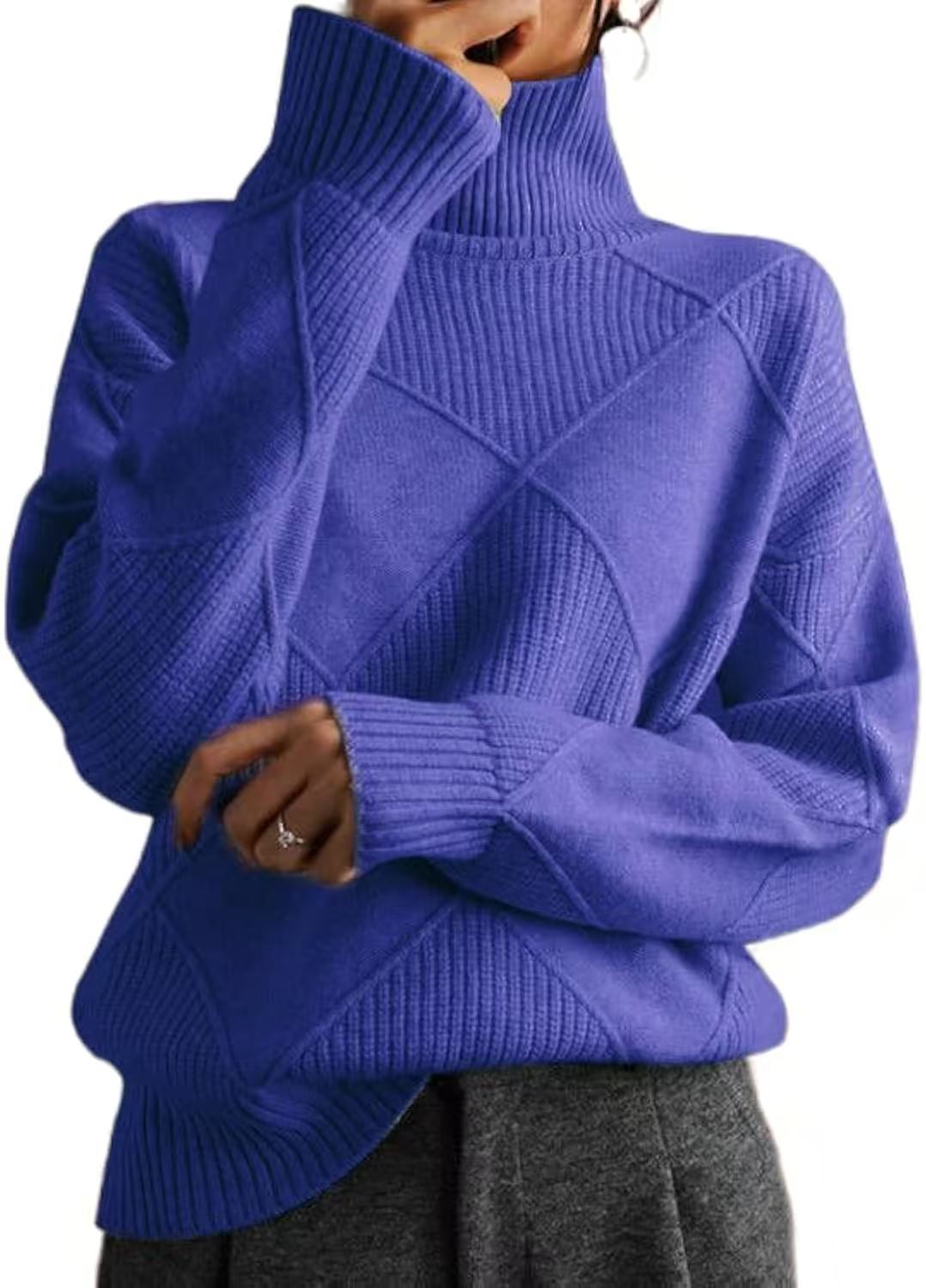 Damen hochwertiger Strickpullover mit stehendem Kragen und extravagantem Rautenmuster R&B
