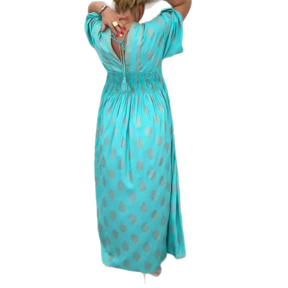 Damen nan gerafftes Maxikleid mit Smok-Taille, Kimonosärmeln und Zierquaste R&B