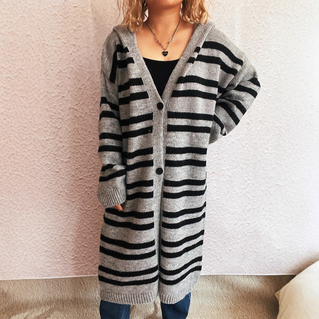 Damen gemütlicher Strickcardigan mit modischem Streifenmuster und Kapuze R&B