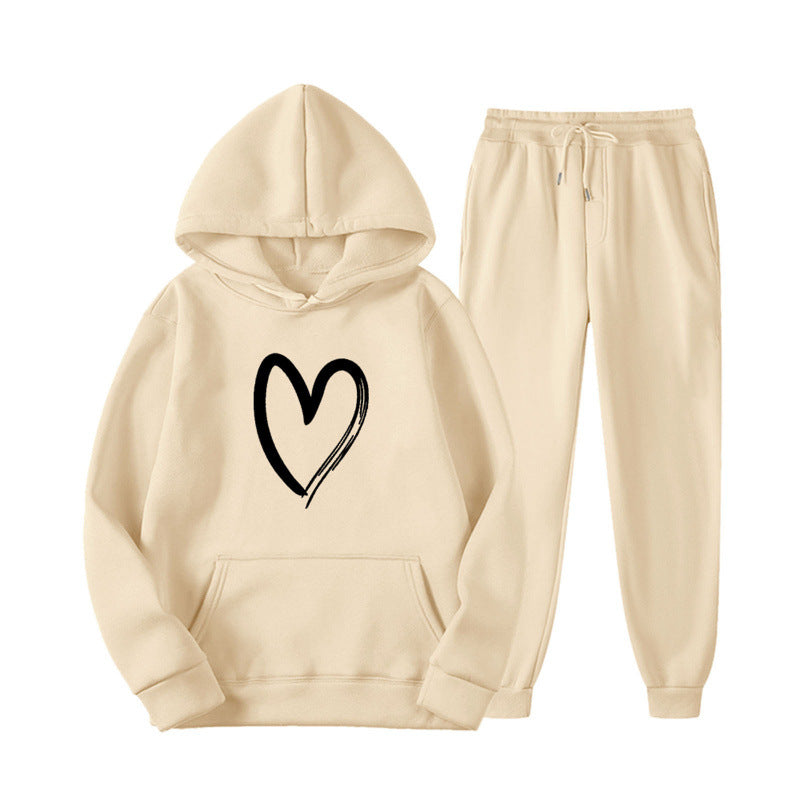 Damen Sweatsuit mit Kängurutasche und herzförmigem Print
