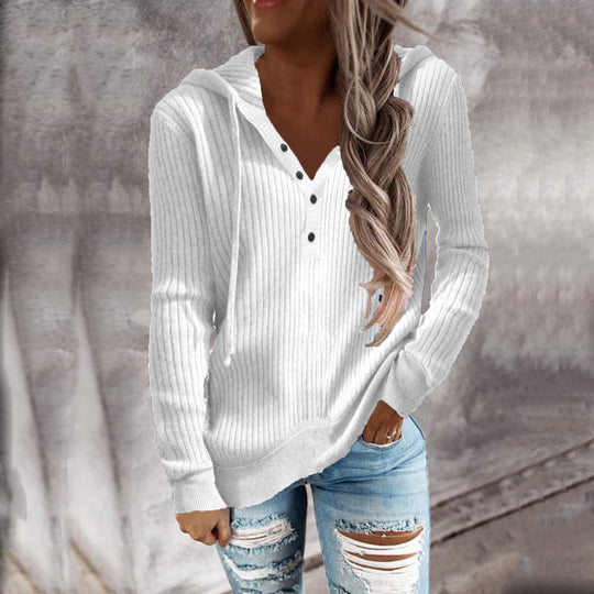 Damen Kapuzenpullover im modischen Rippdesign mit Knopfleiste R&B