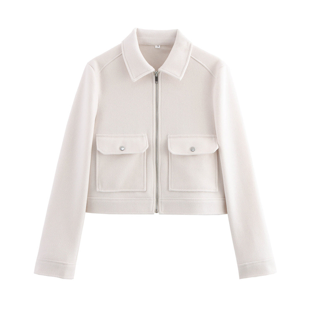 Damen kurze Fleecejacke mit stilvollen Brusttaschen und elegantem Kragen R&B