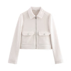 Damen kurze Fleecejacke mit stilvollen Brusttaschen und elegantem Kragen R&B