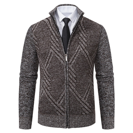 Herren elegante Strickjacke mit strukturiertem Zopfmuster und hochschließendem Kragen R&B