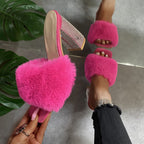 Damen Glamouröse Mules mit kuscheligem Kunstfell und glitzerndem Absatz R&B