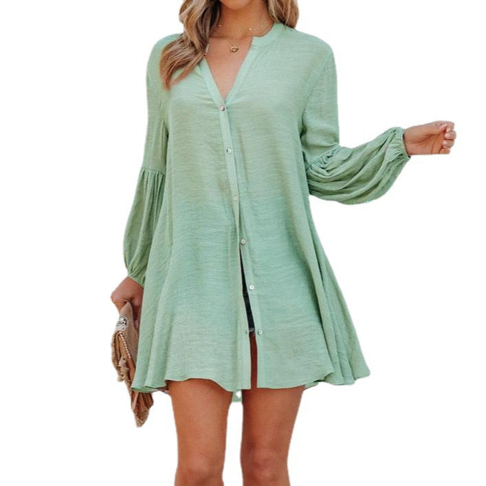 Damen Lässige Bluse mit Ballonärmeln und durchgehender Knopfleiste R&B