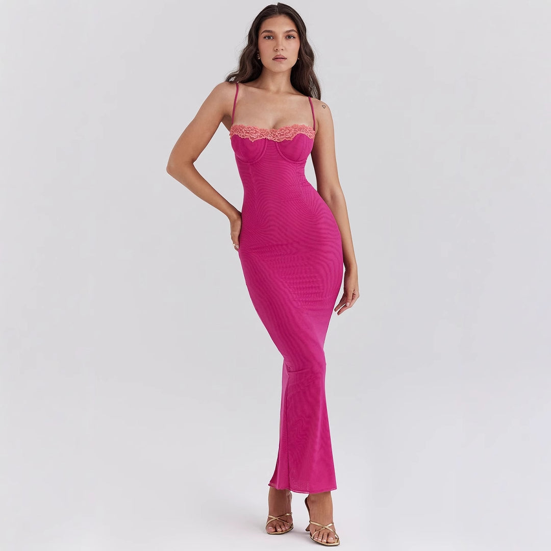 Damen figurbetontes Maxikleid mit transparentem Saum und romantischem Spitzenakzent R&B