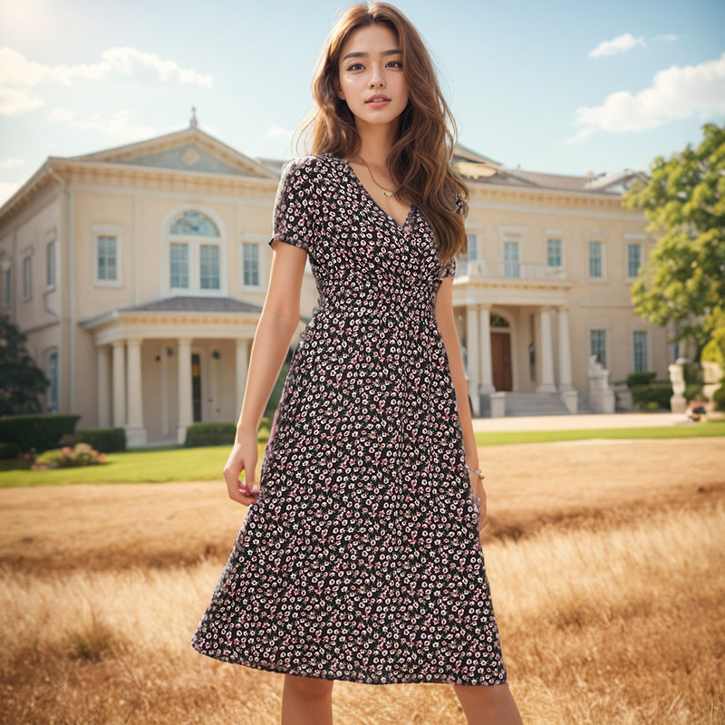 Damen Midi-Kleid mit floralem Muster und elegantem V-Ausschnitt R&B