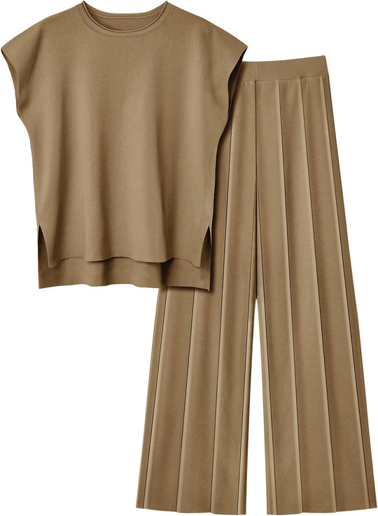 Damen elegantes Set mit kurzärmligem Oberteil und plissierter Hose R&B