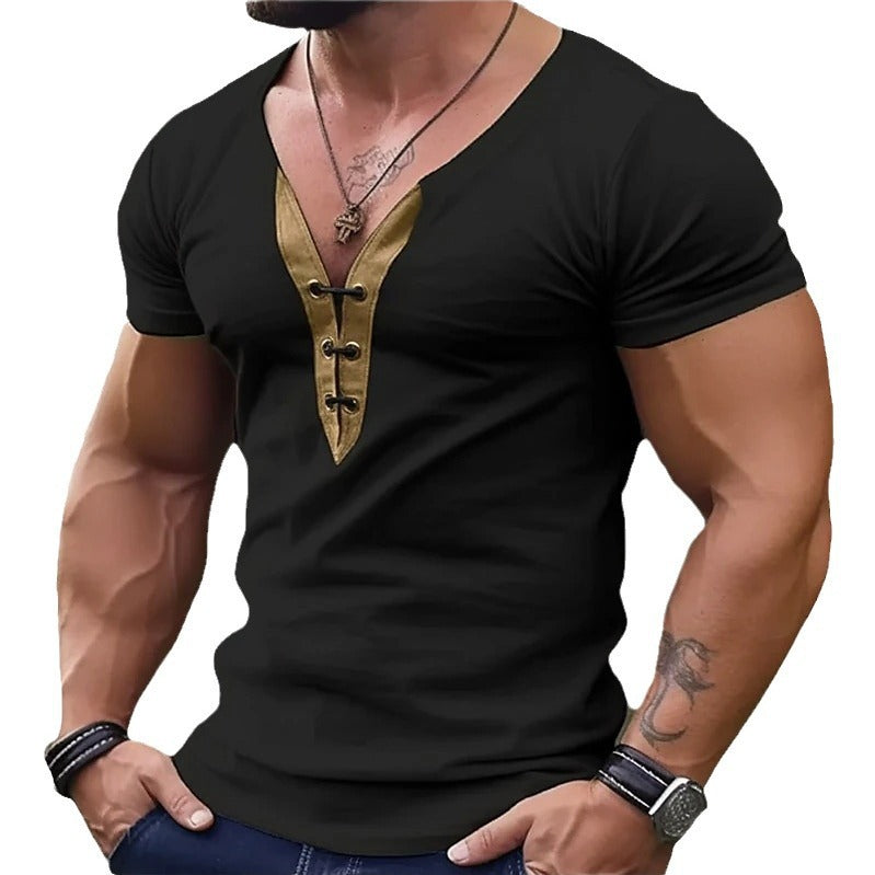 Herren trendiges V-Ausschnitt T-Shirt mit Knopfleiste R&B