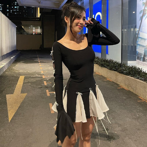 Damen Skaterkleid mit kontrastierenden Rüschendetails und lange Ärmel R&B