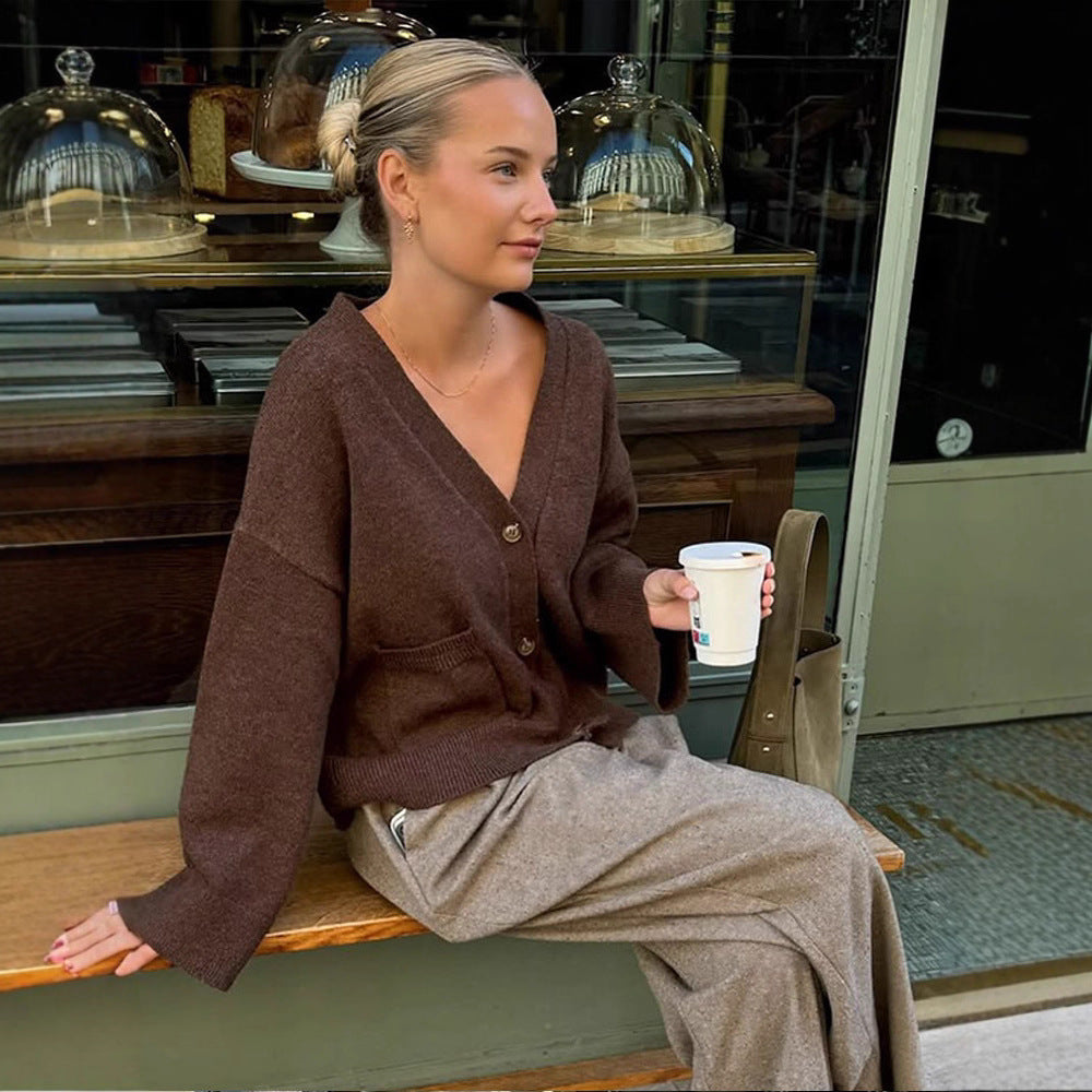 Damen lässige Strickjacke mit tiefem V-Ausschnitt und praktischen Taschen R&B