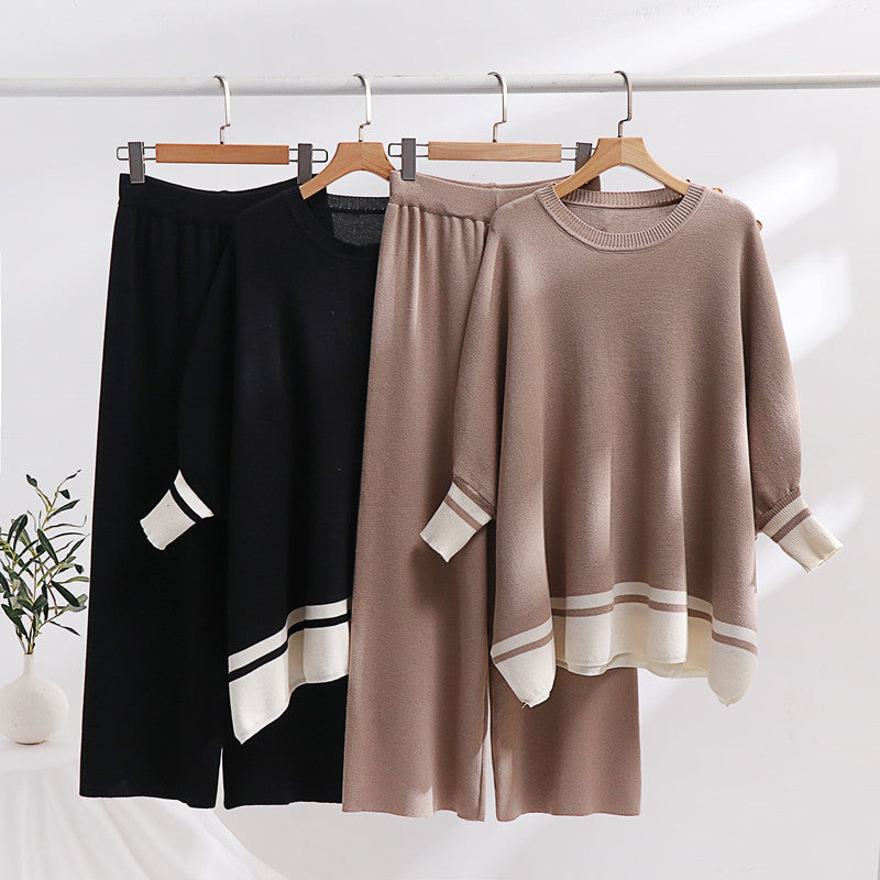Damen lässiges Strick-Loungewear-Set mit modischem Kontrastsaum und weitem Schnitt R&B