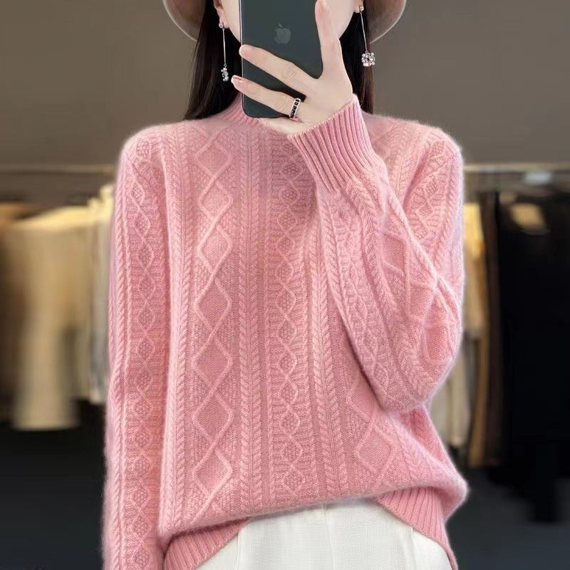 Damen Hochwertiger Strickpullover mit Stehkragen und Zopfdesign R&B