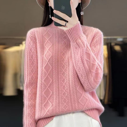 Damen Hochwertiger Strickpullover mit Stehkragen und Zopfdesign R&B