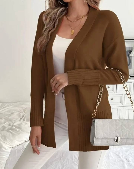 Damen Langer Strickcardigan mit feinen Rippdetails und lässigem Schnitt R&B