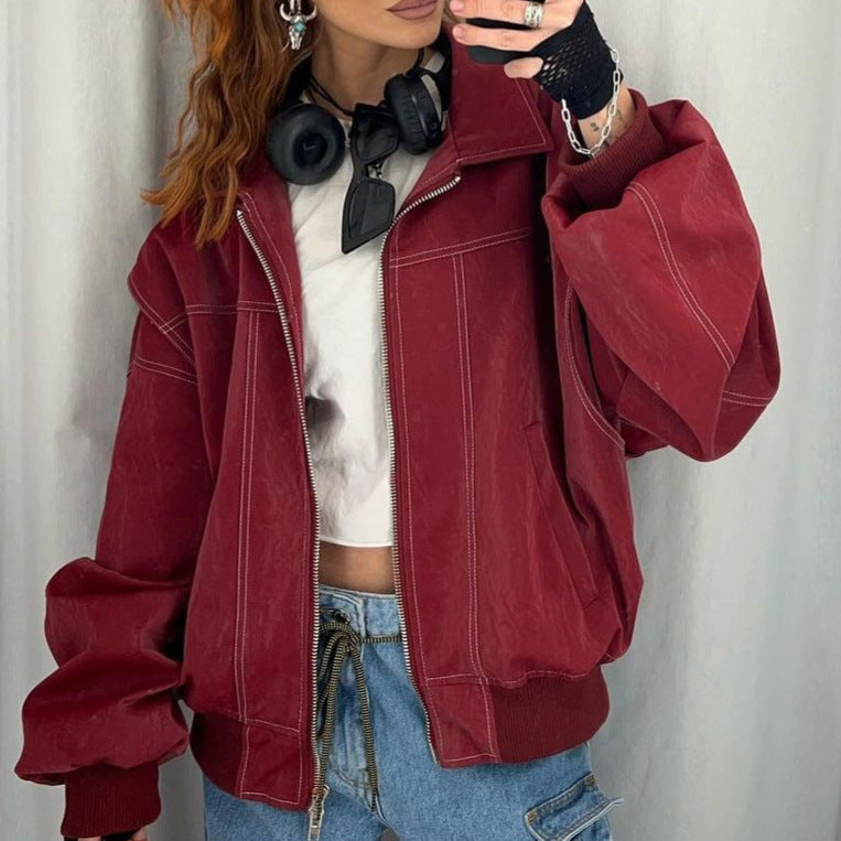 Damen Kunstlederjacke mit elastischen Bündchen und hochschließendem Kragen R&B