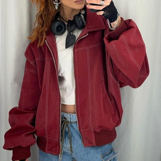 Damen Kunstlederjacke mit elastischen Bündchen und hochschließendem Kragen R&B
