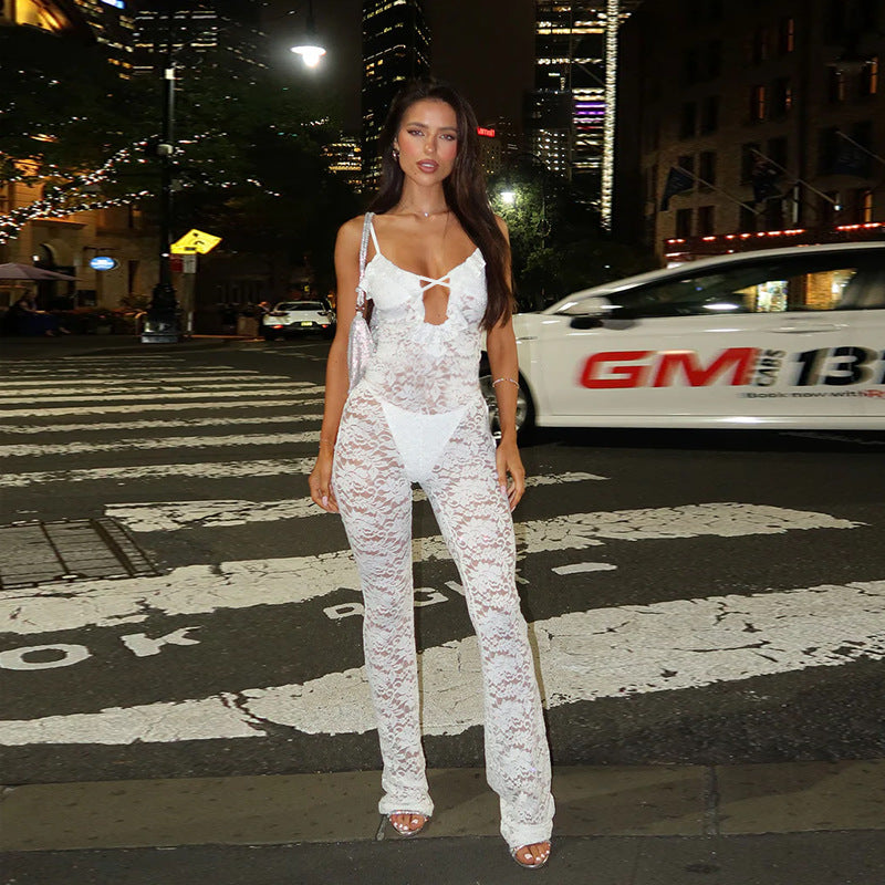 Damen stilvolles Langarm-Catsuit mit Spitzenverzierung und raffiniertem Ausschnitt R&B