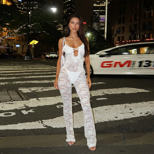 Damen stilvolles Langarm-Catsuit mit Spitzenverzierung und raffiniertem Ausschnitt R&B