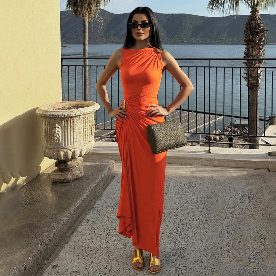 Damen figurbetontes Maxikleid mit asymmetrischem Schnitt und elegantem Raffungselement R&B