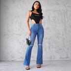Damen Flared Jeans im modernen Used-Look mit eleganten Rissen und hohem Taillenbund R&B