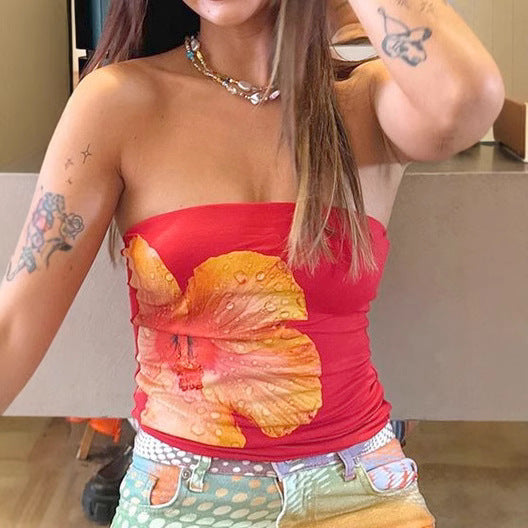 Damen Bandeau-Top mit stilvollem Blumendruck und elastischem Bund R&B