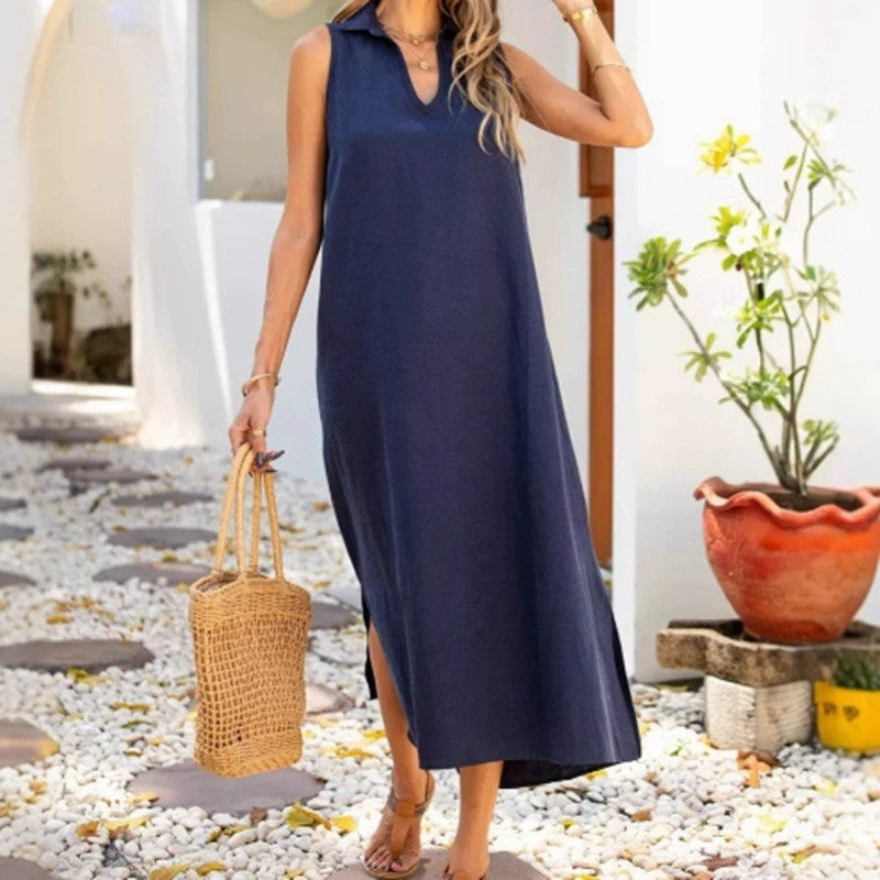 Damen Maxikleid mit V-Ausschnitt und seitlichen Schlitzen R&B