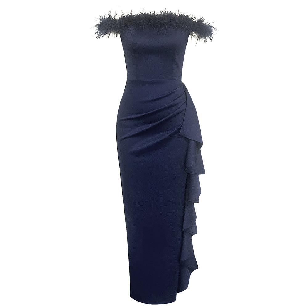 Damen Elegantes Abendkleid mit abnehmbaren Federdetails und asymmetrischem Schnitt R&B
