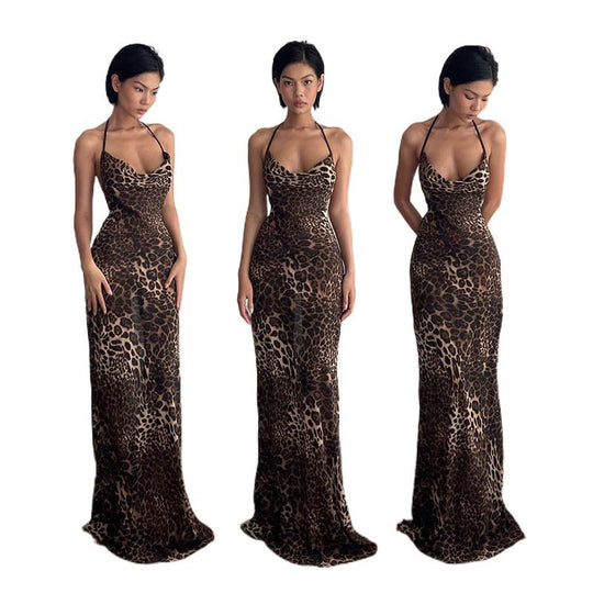 Damen Maxikleid mit elegantem Leopardenprint und offenem Rückenteil R&B
