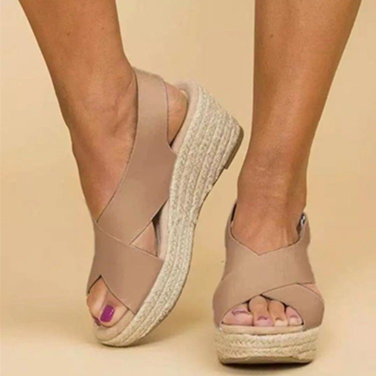 Damen Wedge-Sandalen mit Cross-Over-Riemen und juteumrandeter Sohle R&B