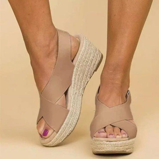 Damen Wedge-Sandalen mit Cross-Over-Riemen und juteumrandeter Sohle R&B