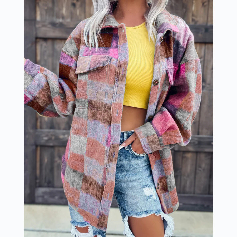 Damen Karo Oversize-Hemdjacke aus weichem Wollmaterial mit praktischen Taschen R&B