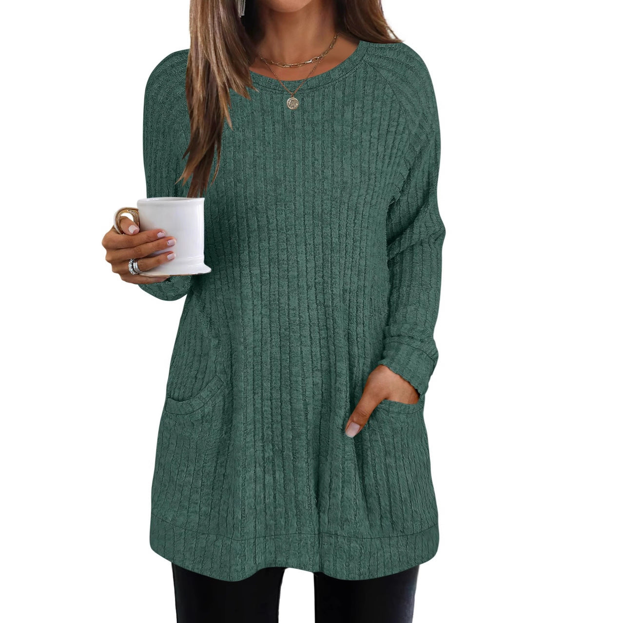 Damen lässiger Strickpullover mit seitlichen Eingrifftaschen und Rippenstruktur R&B