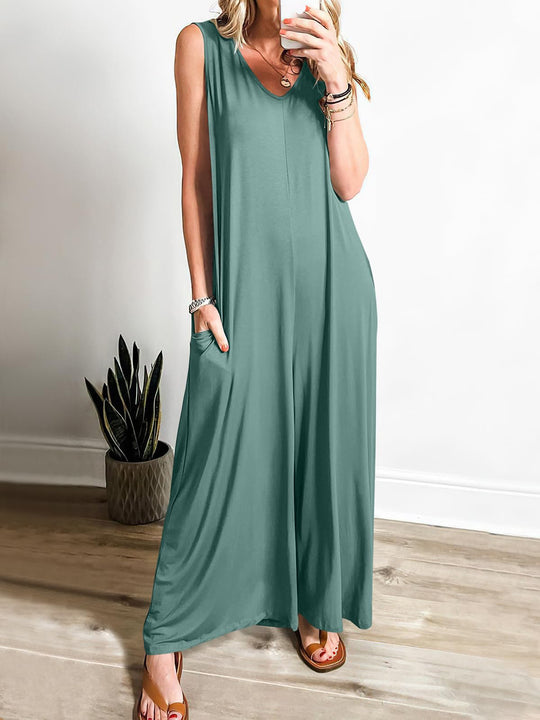 Damen ärmelloses Maxikleid mit seitlichen Taschen und fließender Silhouette R&B