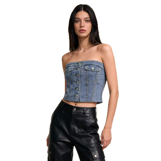 Damen Denim Bustier-Top mit Knopfdetail und Fransen R&B