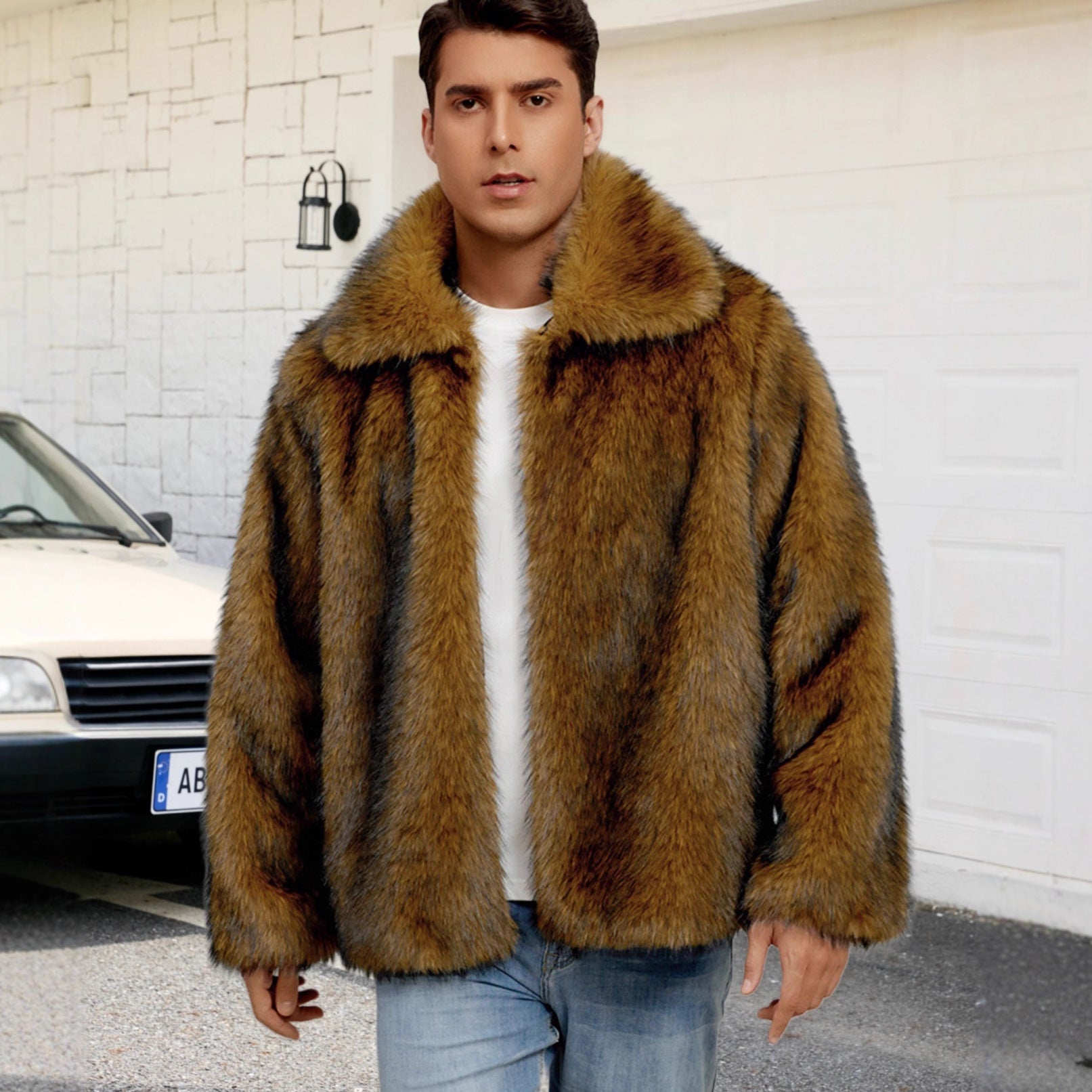 Herren Luxuriöse Kunstpelzjacke mit breitem Revers R&B