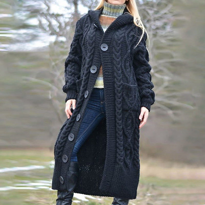Damen Langer Strickmantel mit Kapuze und klassischem Zopfdesign R&B