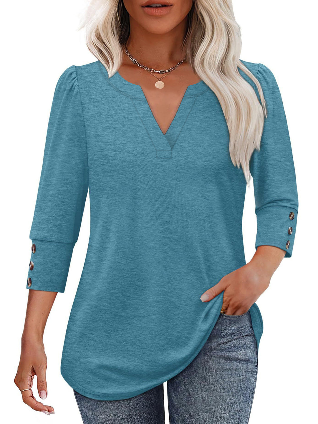 Damen V-Ausschnitt Bluse mit dekorativen Knopfdetails R&B