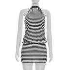 Damen sportliches Wickelkleid mit hochgeschlossenem Schnitt und modischem Streifenmuster R&B