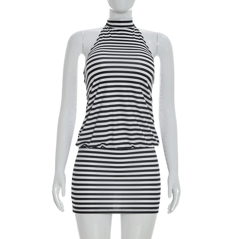 Damen sportliches Wickelkleid mit hochgeschlossenem Schnitt und modischem Streifenmuster R&B