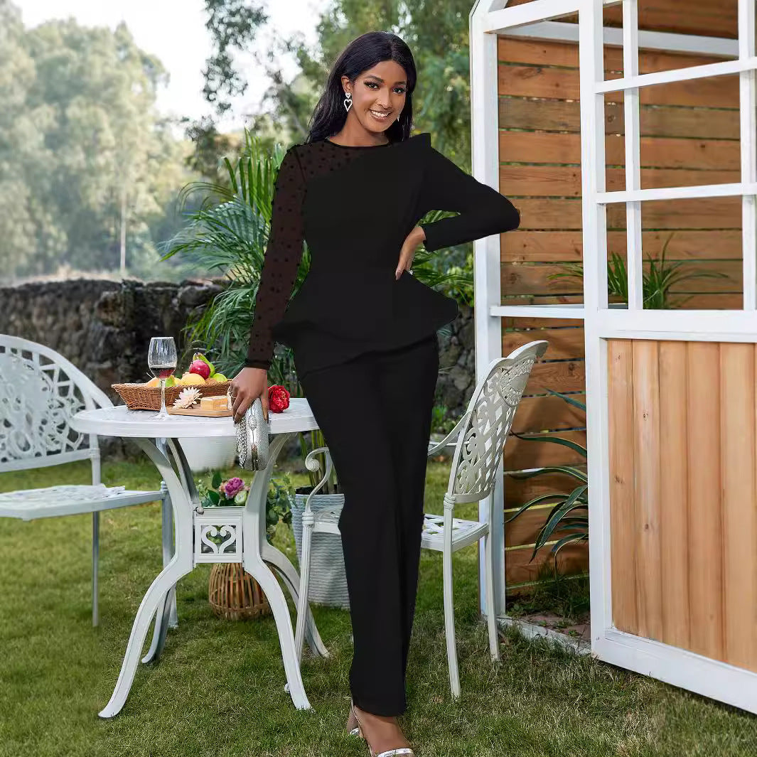 Damen Eleganter Jumpsuit mit transparenten Puffärmeln und tiefem V-Ausschnitt R&B