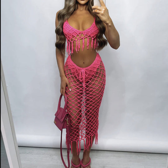 Damen Häkel-Bade-Outfit mit Fransen und transparentem Design R&B