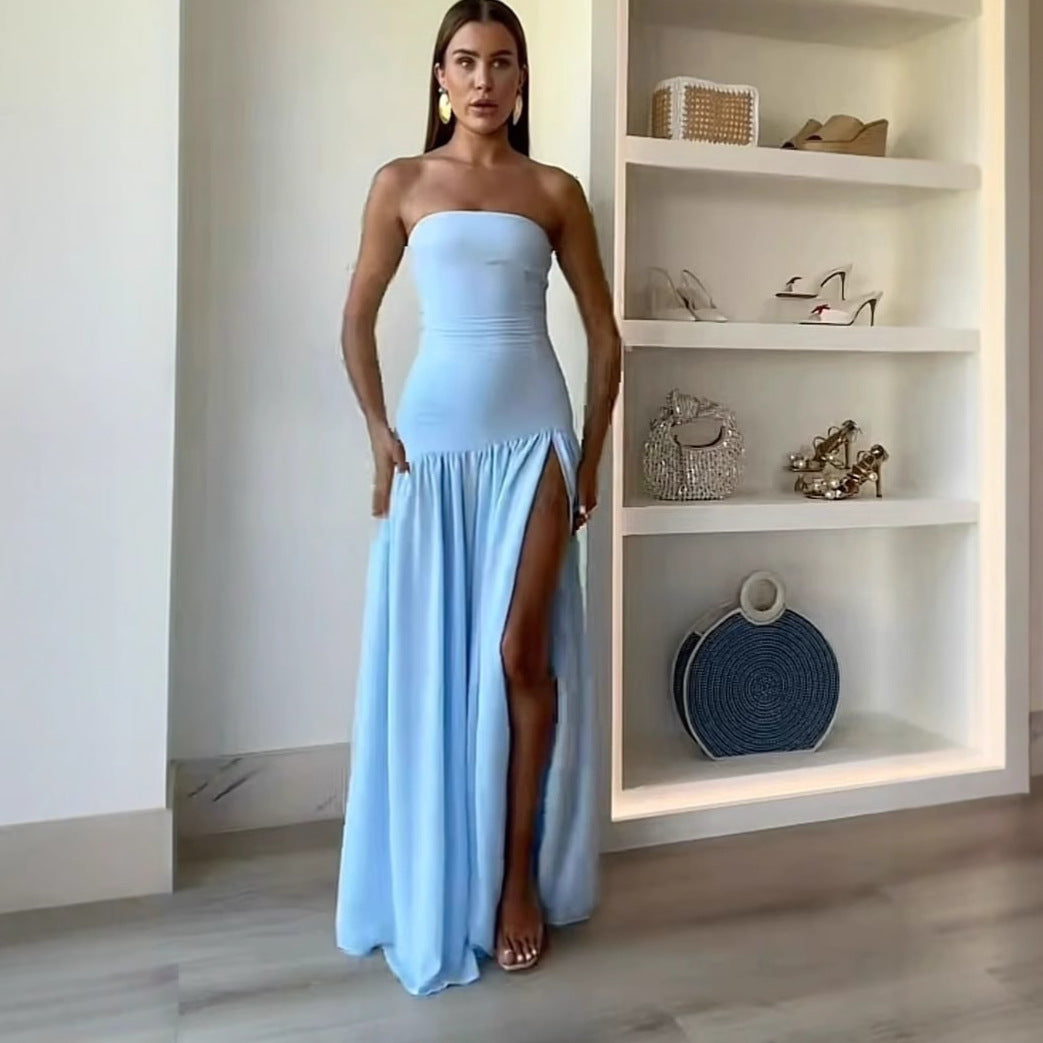 Damen Charmantes schulterfreies Maxikleid mit hohem Schlitz und fließendem Faltenrock R&B