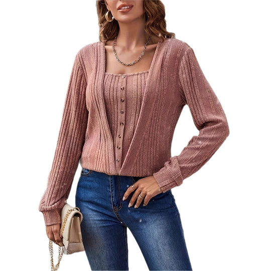 Damen Strickpullover mit tiefem V-Ausschnitt und Knopfdetails R&B